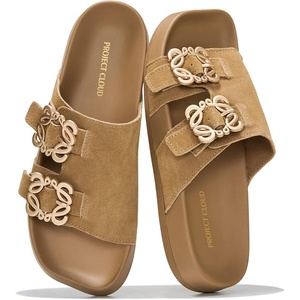 image:imageProject Cloud 100 Genuine Leather Dressy Flat Sandals for Women Velora  Plush Soft Insole Lightweight Womens Slides  NonSlip Outsole Comfortable Dress Sandals Women  Cushioned Footbed SandalsChestnut Suede