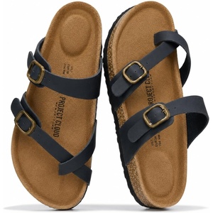 image:imageProject Cloud 100 Genuine Leather Womens Sandals Slides for Women Lian  Sandals Women Memory Foam Insole Cork Footbed Non Slip Sandals for Women Lightweight Beach Vacation Summer Essentials ComfortBlack