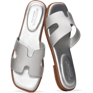 image:imageProject Cloud 100 Genuine Leather Sandals Women Flats For Women Jannel  Sandals for Women Fashion Flat Womens Sandals with Memory Foam Insole Slides Sandals Footwear Mules Womens SandalsSilver