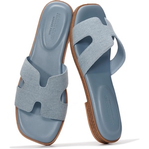 image:imageProject Cloud 100 Genuine Leather Sandals Women Flats For Women Jannel  Sandals for Women Fashion Flat Womens Sandals with Memory Foam Insole Slides Sandals Footwear Mules Womens SandalsLight Denim