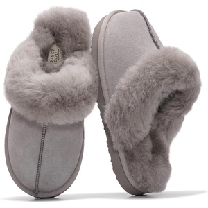 image:image100 Genuine Leather Womens Natural FurLined Clog Slippers for WomenGrey