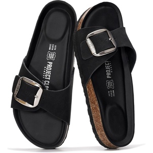 image:imageProject Cloud 100 Genuine Leather Sandals Women Comfortable Womens SlidesMykonos  Black Leather