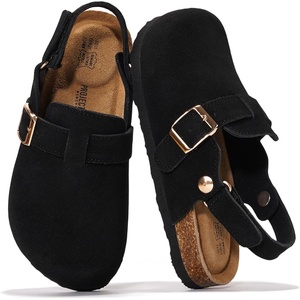 image:imageProject Cloud Kids 100 Genuine Leather Non Slip Clogs with Cork FootbedBlack Suede With Back Strap