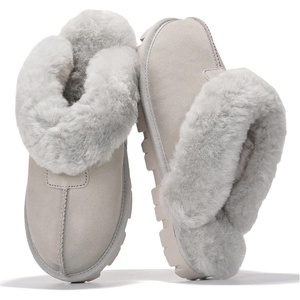 image:image100 Genuine Leather Womens Natural FurLined Clog Slippers for WomenLight Grey Suede