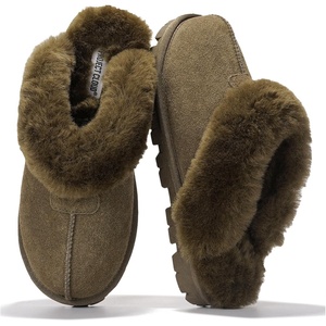 image:image100 Genuine Leather Womens Natural FurLined Clog Slippers for WomenOlive
