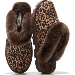 image:image100 Genuine Leather Womens Natural FurLined Clog Slippers for WomenDark Leopard Print Suede