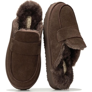 image:imageProject Cloud 100 Genuine Leather Brunch Slippers for Women  Fuzzy ClogsChocolate Suede