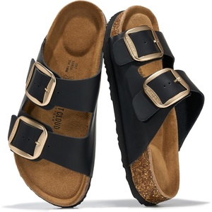 image:image100 Genuine Leather Cork Footbed Sandals Women Slides Sandals for WomenBlack Distressed