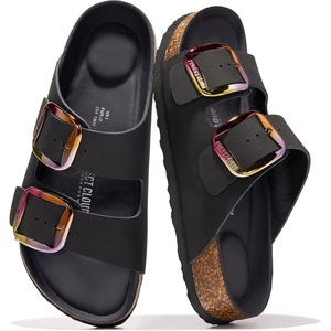image:image100 Genuine Leather Cork Footbed Sandals Women Slides Sandals for WomenBlack Matte Iridescent