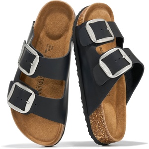 image:image100 Genuine Leather Cork Footbed Sandals Women Slides Sandals for WomenBlack Oiled Leather