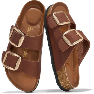 image:image100 Genuine Leather Cork Footbed Sandals Women Slides Sandals for WomenBrown