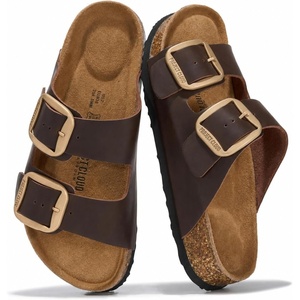 image:image100 Genuine Leather Cork Footbed Sandals Women Slides Sandals for WomenChocolate Distressed Leather