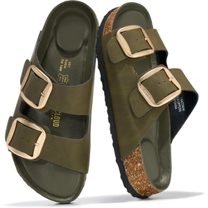 image:image100 Genuine Leather Cork Footbed Sandals Women Slides Sandals for WomenOlive