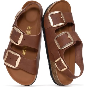 image:image100 Genuine Leather Ankle Strap Footbed Sandals Women Slingback SandalsCognac Leather