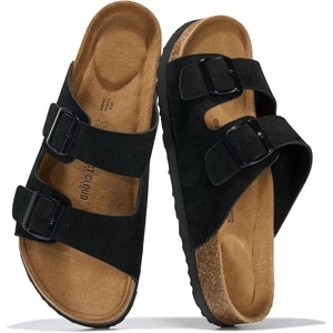 image:imageMens Sandals 100 Genuine Leather Mens Slides Cork Footbed Sandals for MenBlack Suede